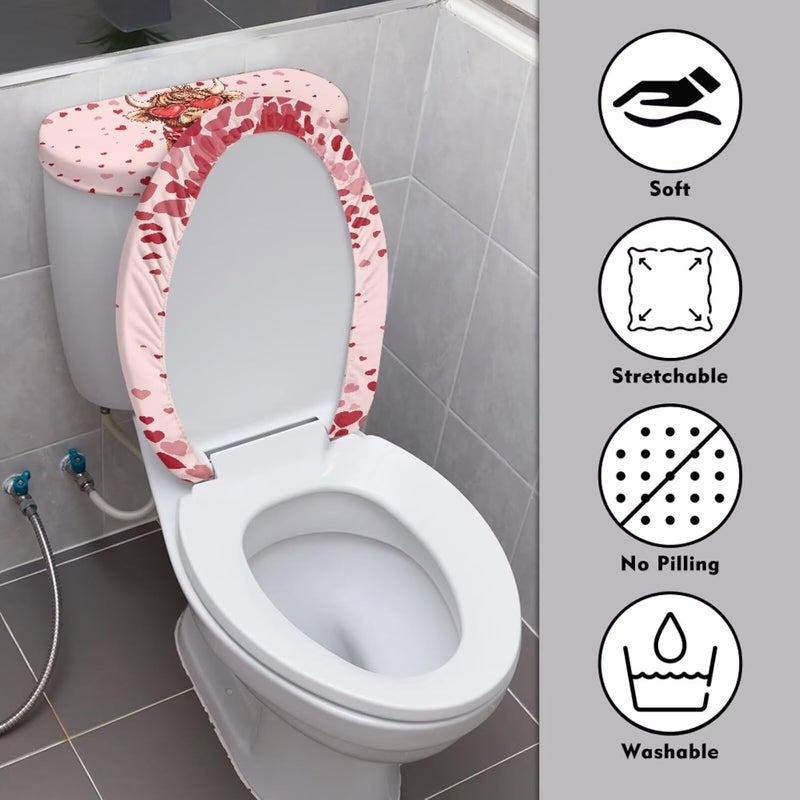 CREAMIC Loving Highland Cattle Toilet Lid Covers and Tank Cover Set Soft Plush Toilet Seat Cover Protector Stretch Washable Lid Dust Covers for Bathroom Decoration Accessories for Valentine's Day - Image 3